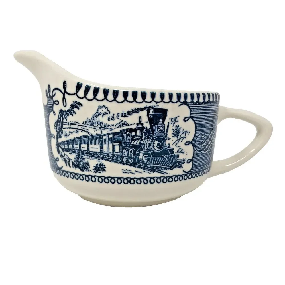 Currier & Ives Creamer Sugar Vintage Royal China Train River Boat Scene USA